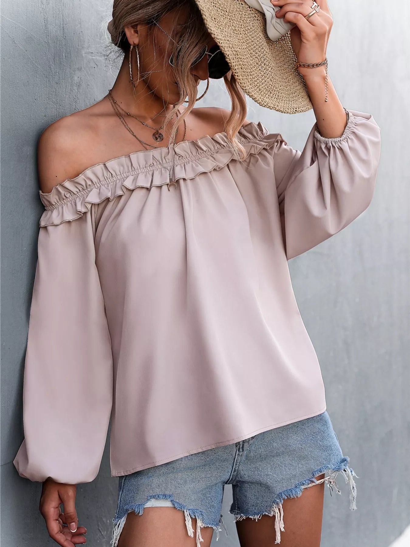 Crowned Energy CO. Dusty Pink / S Trendsi Shirt Frill Off-Shoulder Long Sleeve Blouse