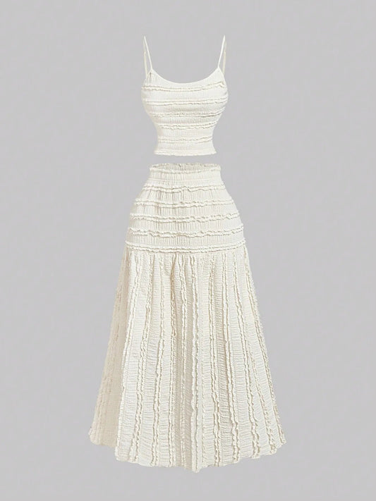 Crowned Energy CO. Off-white / XS Trendsi Two Piece Sets/Two Piece Dresses Frill Scoop Neck Cami and Skirt Set