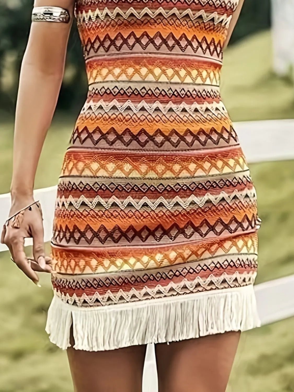 Crowned Energy CO. Sherbet / S Trendsi Dresses Fringe Grecian Neck Mini Dress