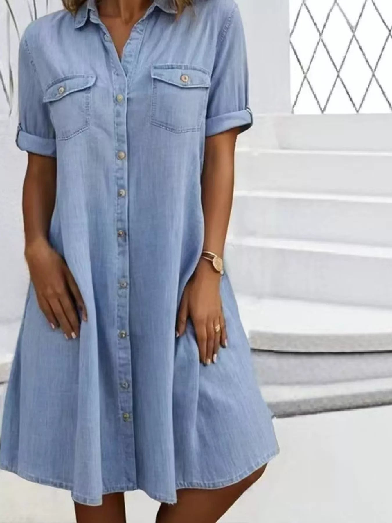 Crowned Energy CO. Light Blue / S Trendsi Dresses Full Size Button-Front Short Sleeve Denim Dress Plus Size
