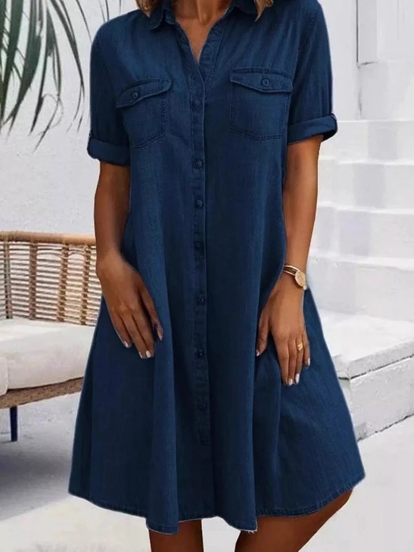 Crowned Energy CO. Dark Blue / S Trendsi Dresses Full Size Button-Front Short Sleeve Denim Dress Plus Size