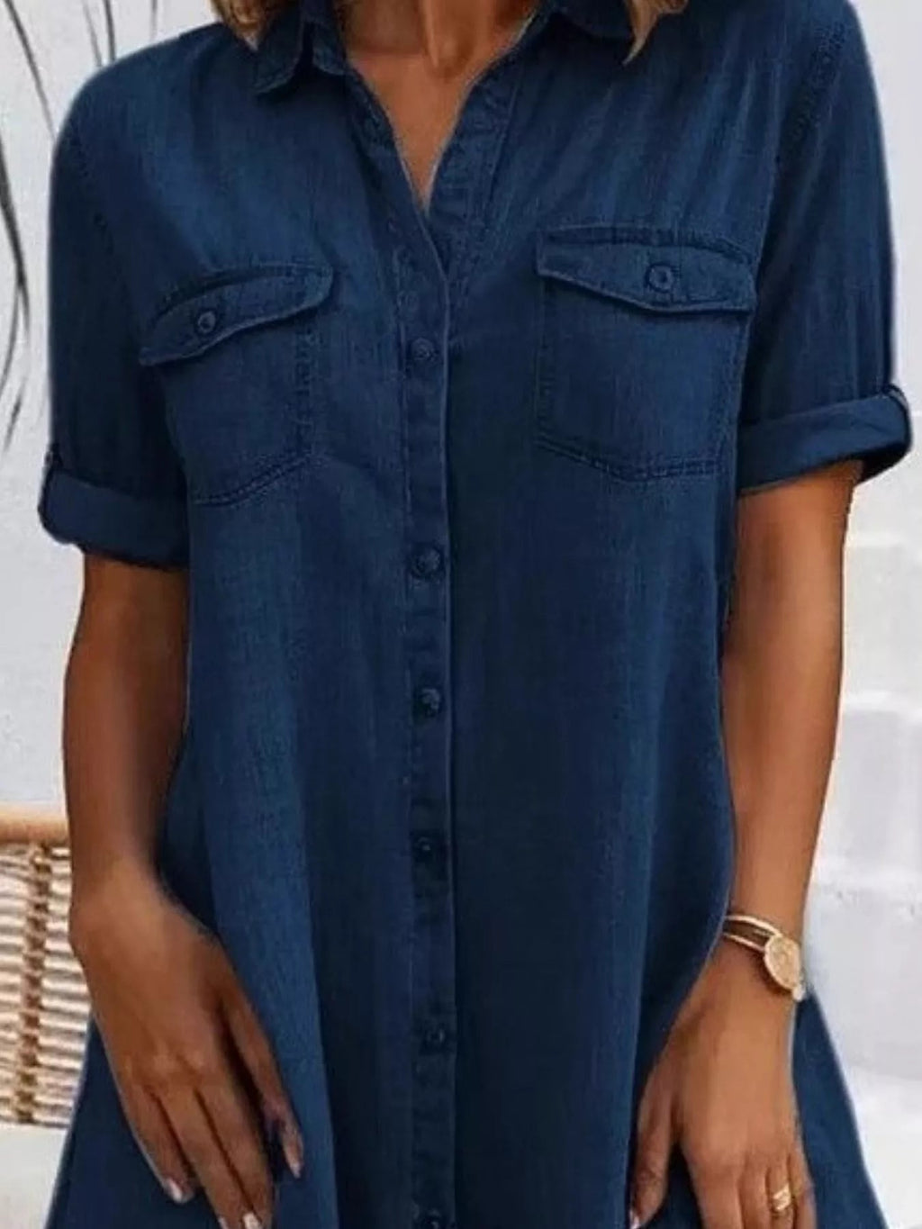 Crowned Energy CO. Light Blue / S Trendsi Dresses Full Size Button-Front Short Sleeve Denim Dress Plus Size