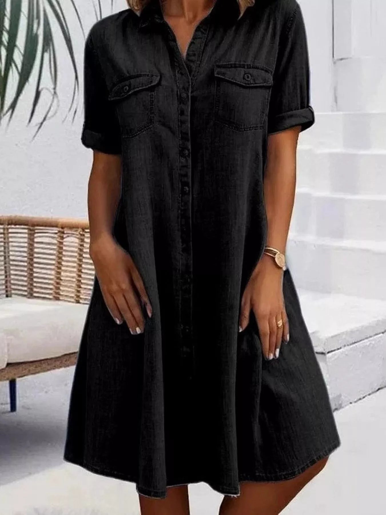 Crowned Energy CO. Black / S Trendsi Dresses Full Size Button-Front Short Sleeve Denim Dress Plus Size