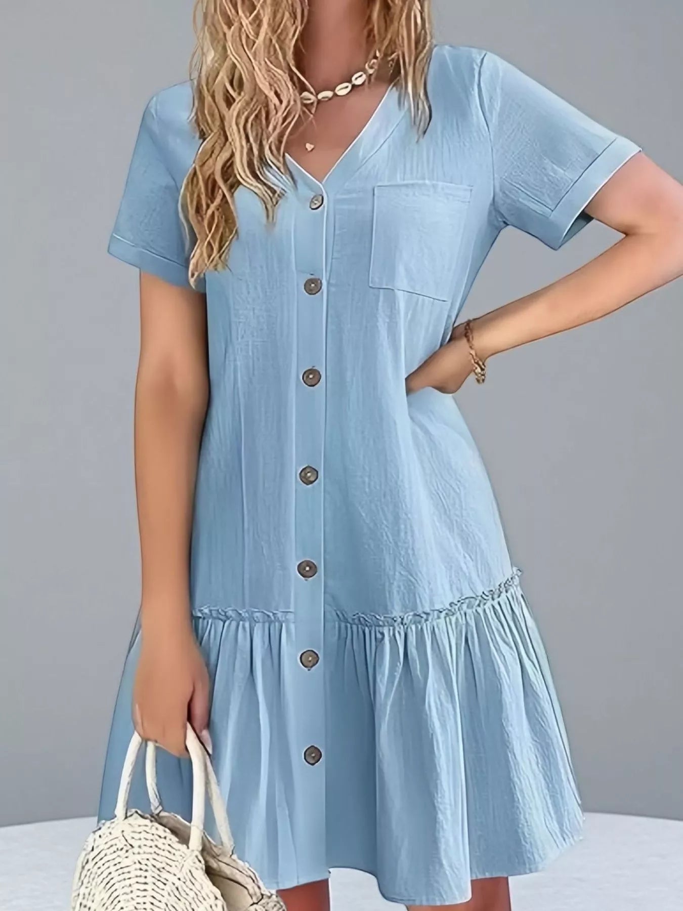Crowned Energy CO. Light Blue / S Trendsi Dresses Full Size Button-Front Short Sleeve Tiered Dress Plus Size