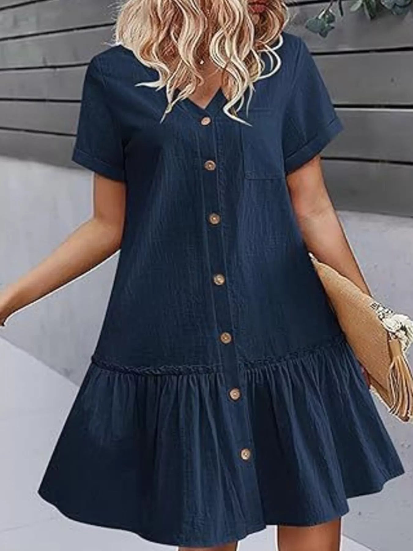 Crowned Energy CO. Dark Blue / S Trendsi Dresses Full Size Button-Front Short Sleeve Tiered Dress Plus Size