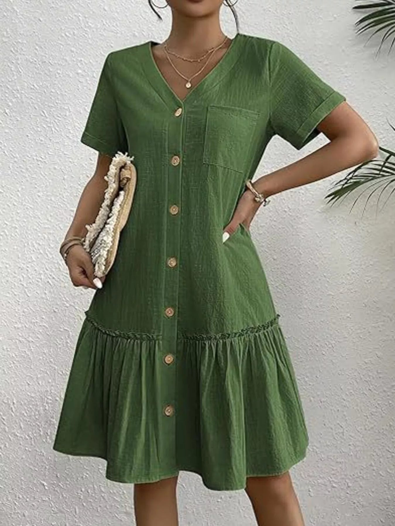 Crowned Energy CO. White / S Trendsi Dresses Full Size Button-Front Short Sleeve Tiered Dress Plus Size