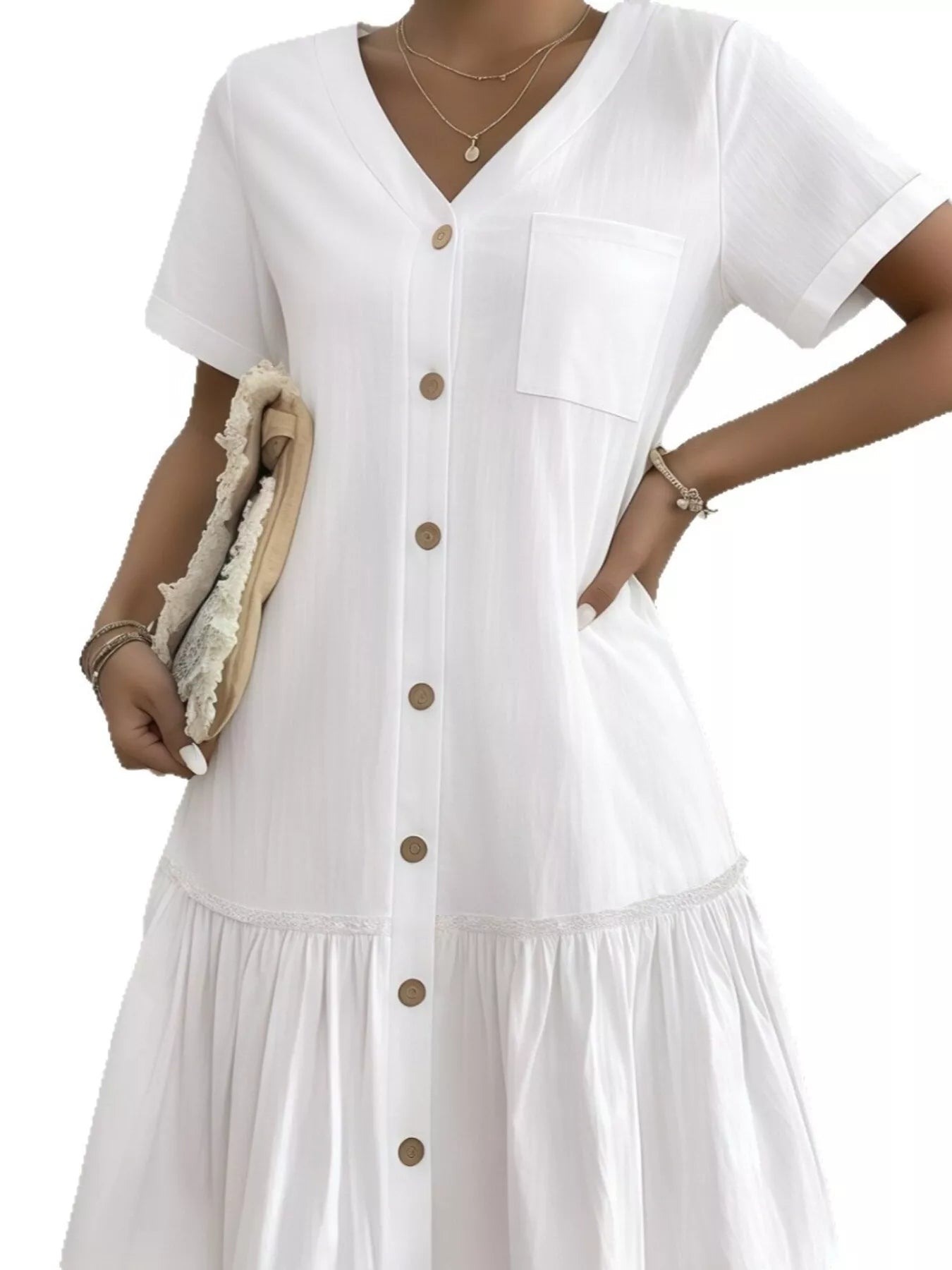 Crowned Energy CO. White / S Trendsi Dresses Full Size Button-Front Short Sleeve Tiered Dress Plus Size