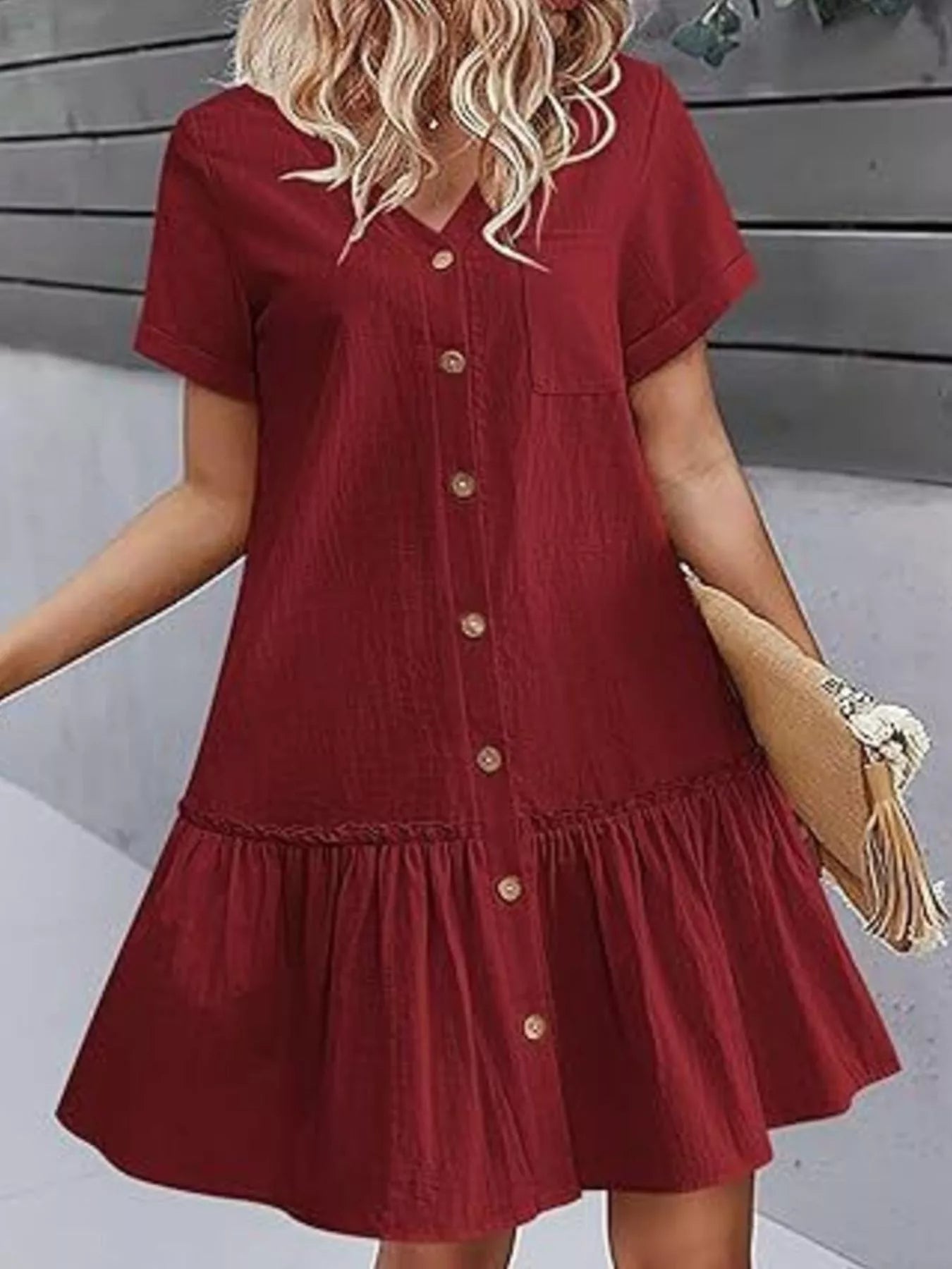 Crowned Energy CO. White / S Trendsi Dresses Full Size Button-Front Short Sleeve Tiered Dress Plus Size