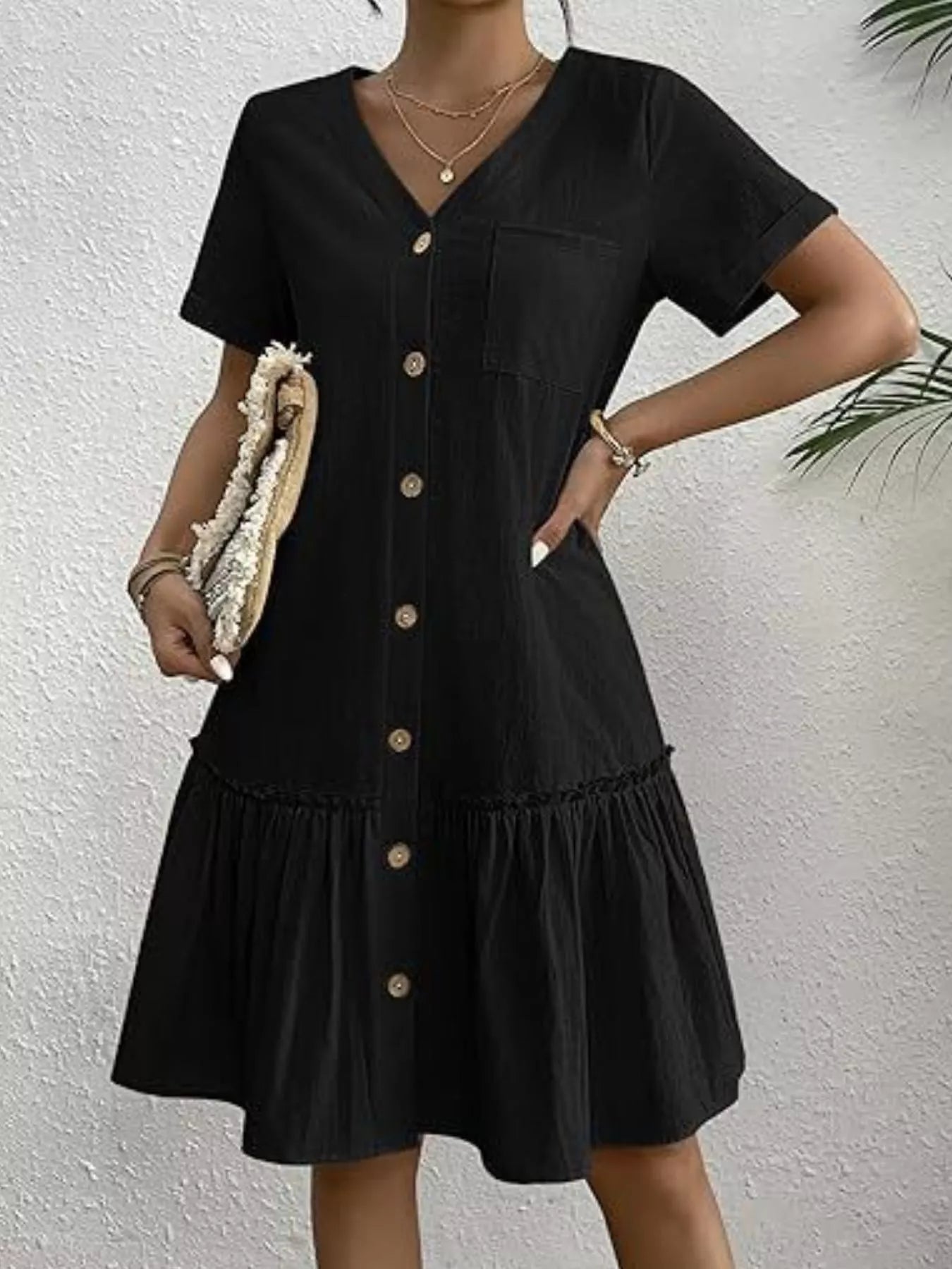 Crowned Energy CO. Black / S Trendsi Dresses Full Size Button-Front Short Sleeve Tiered Dress Plus Size
