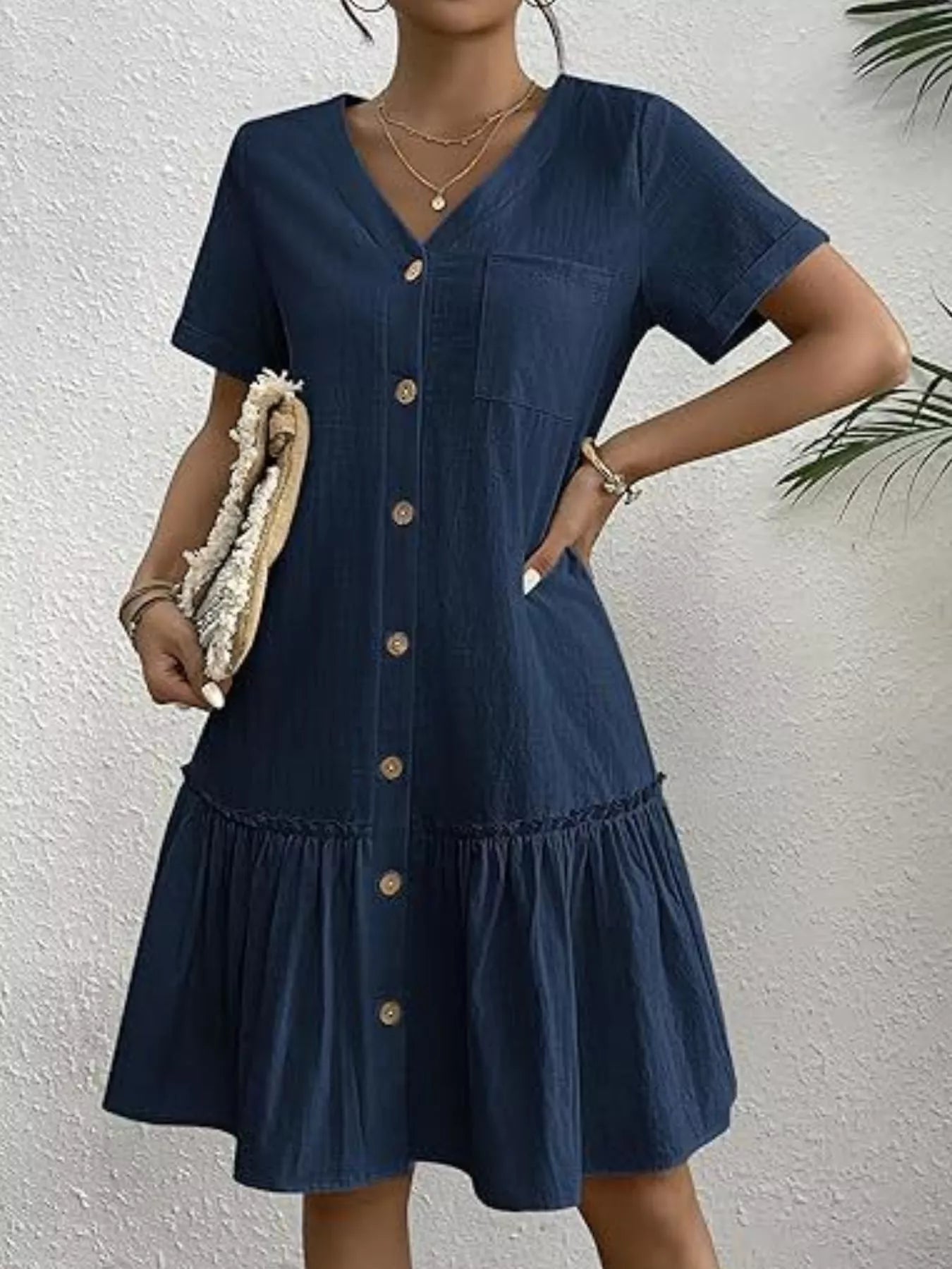 Crowned Energy CO. White / S Trendsi Dresses Full Size Button-Front Short Sleeve Tiered Dress Plus Size