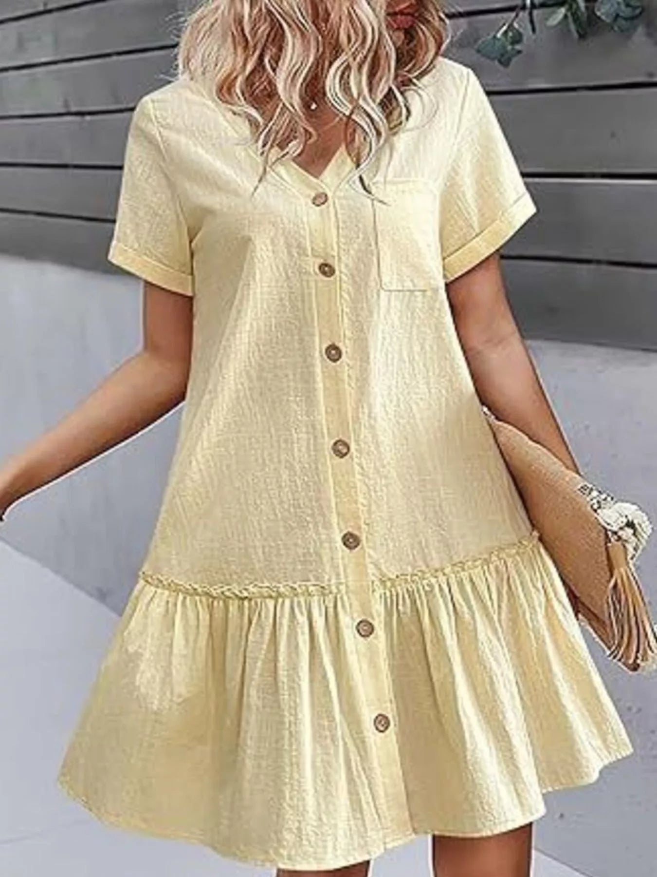 Crowned Energy CO. White / S Trendsi Dresses Full Size Button-Front Short Sleeve Tiered Dress Plus Size