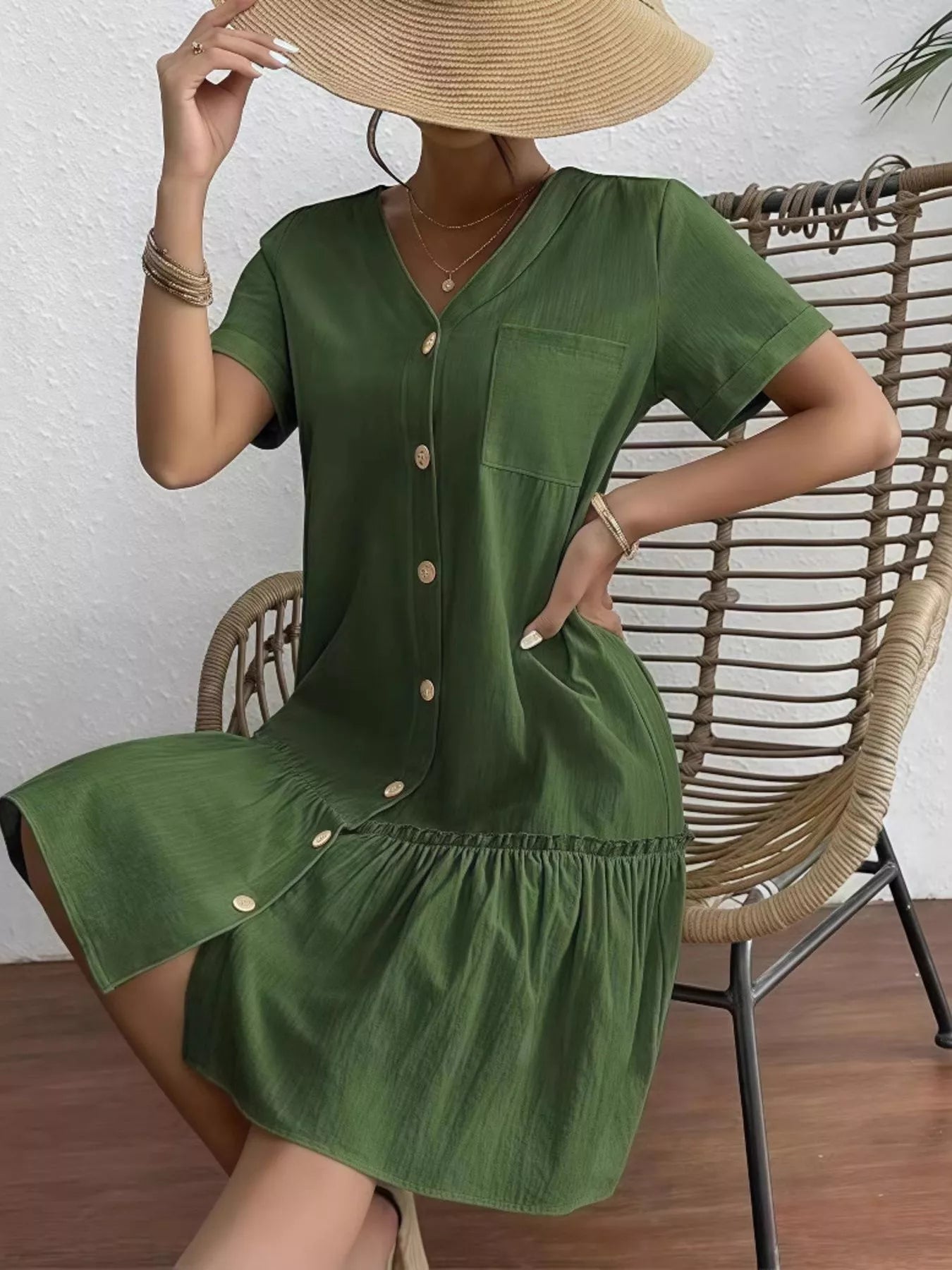 Crowned Energy CO. Military Green / S Trendsi Dresses Full Size Button-Front Short Sleeve Tiered Dress Plus Size