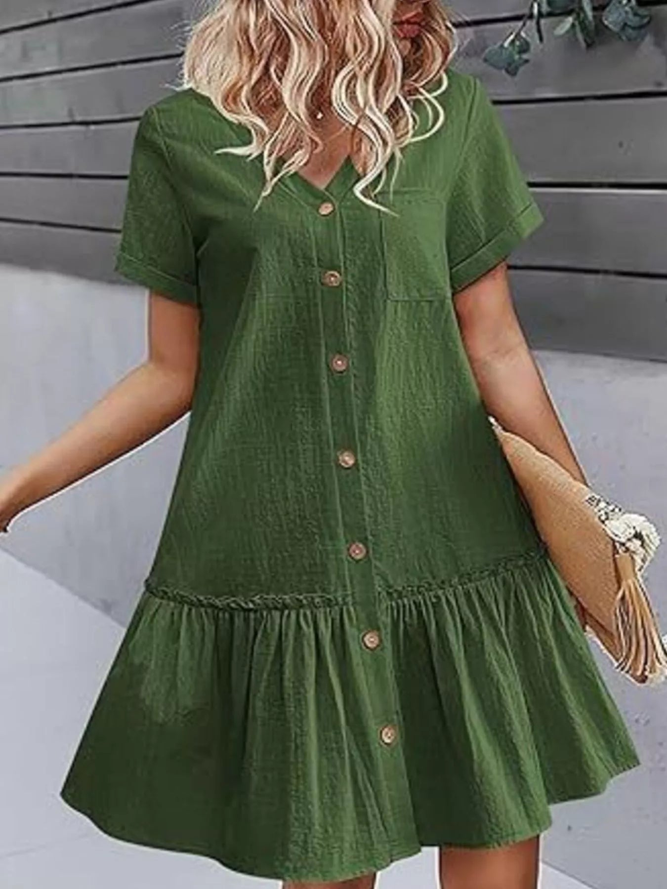 Crowned Energy CO. White / S Trendsi Dresses Full Size Button-Front Short Sleeve Tiered Dress Plus Size