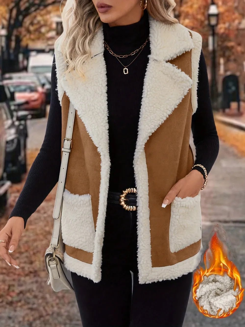 Full Size Contrast Open Front Sherpa Vest Coat - Crowned Energy CO.