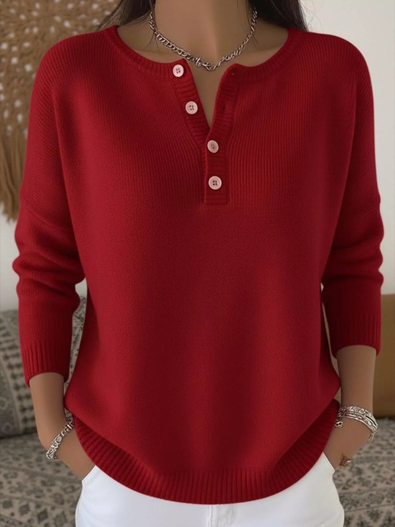 Full Size Half Button Long Sleeve Knit Top Plus Size - Crowned Energy CO.
