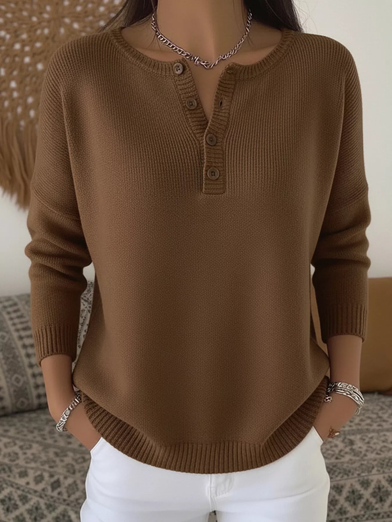 Full Size Half Button Long Sleeve Knit Top Plus Size - Crowned Energy CO.
