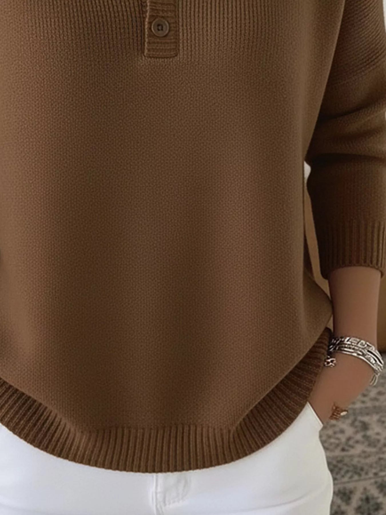 Full Size Half Button Long Sleeve Knit Top Plus Size - Crowned Energy CO.