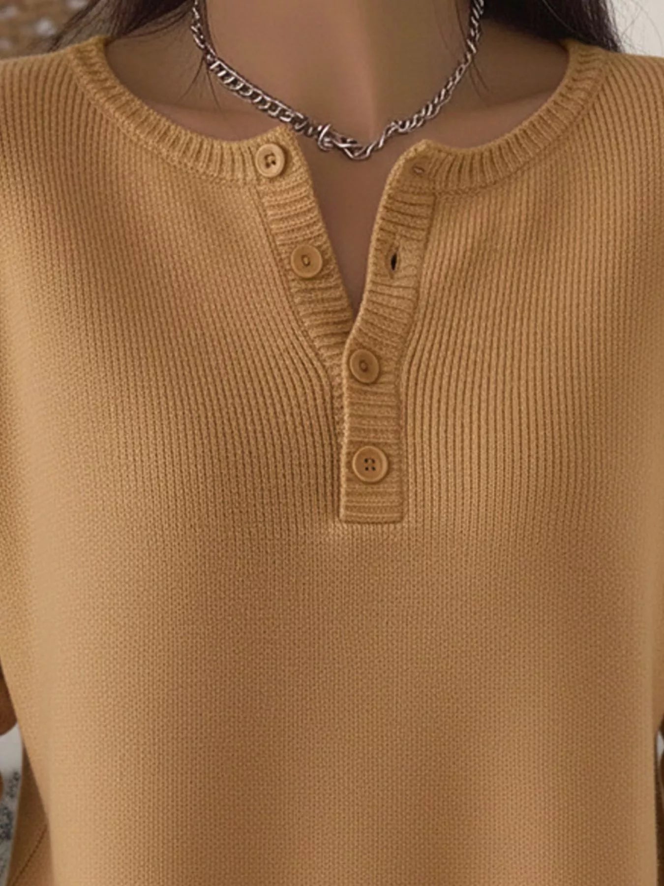Full Size Half Button Long Sleeve Knit Top Plus Size - Crowned Energy CO.