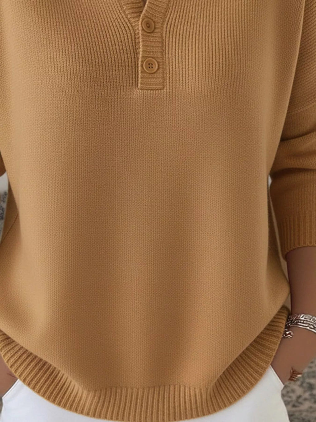 Full Size Half Button Long Sleeve Knit Top Plus Size - Crowned Energy CO.