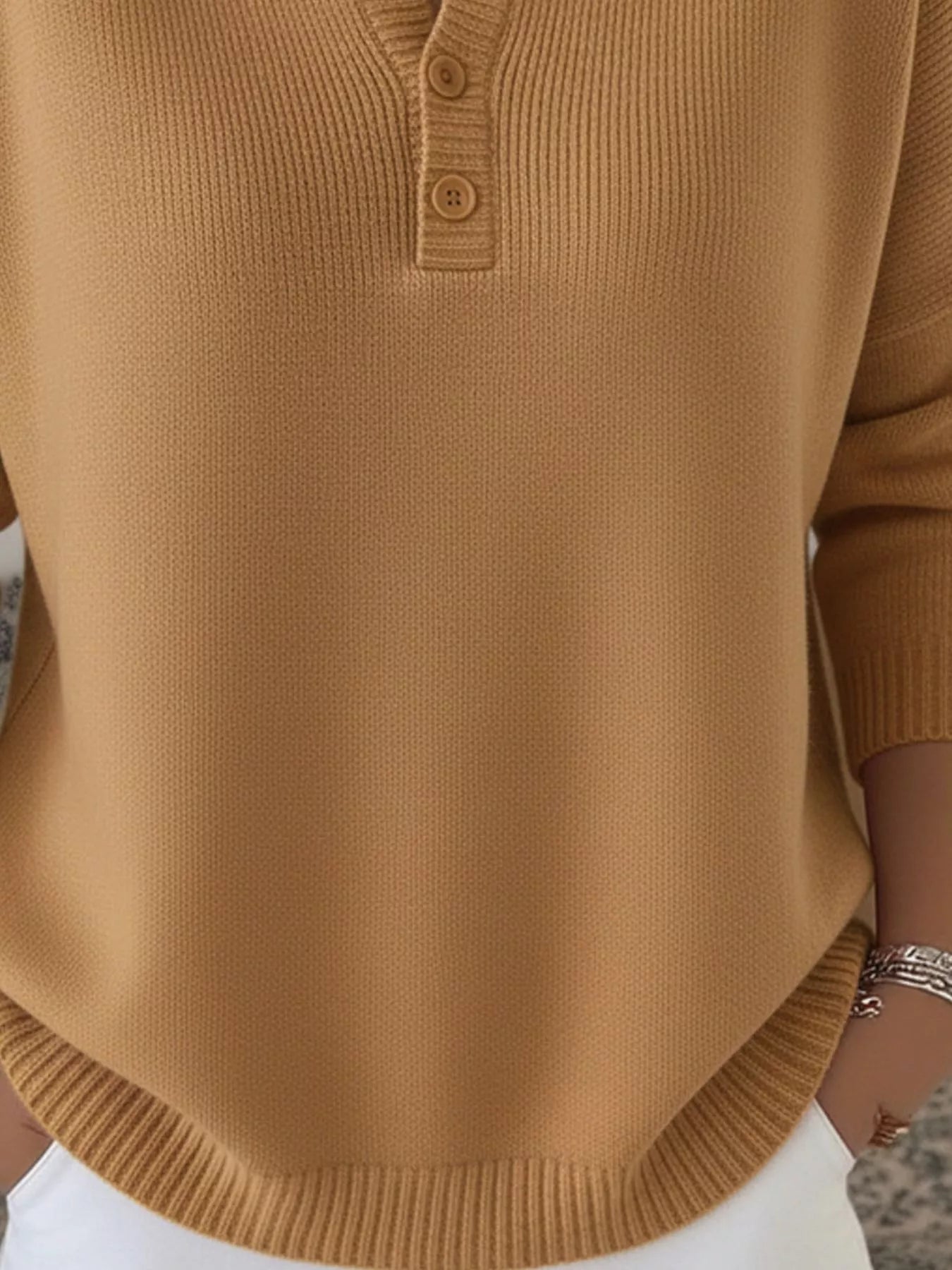 Full Size Half Button Long Sleeve Knit Top Plus Size - Crowned Energy CO.