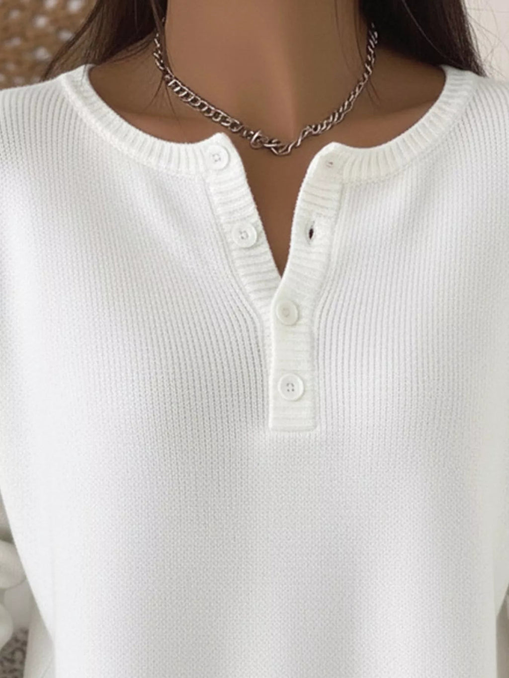 Full Size Half Button Long Sleeve Knit Top Plus Size - Crowned Energy CO.