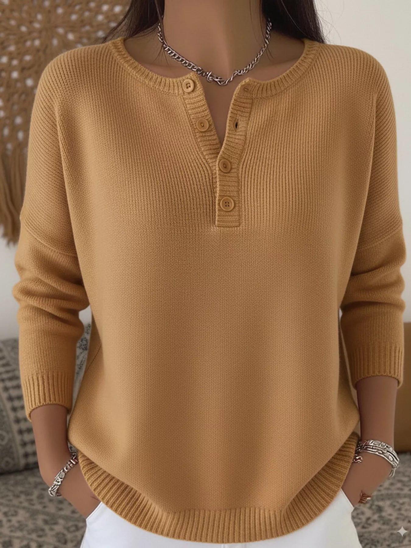 Full Size Half Button Long Sleeve Knit Top Plus Size - Crowned Energy CO.