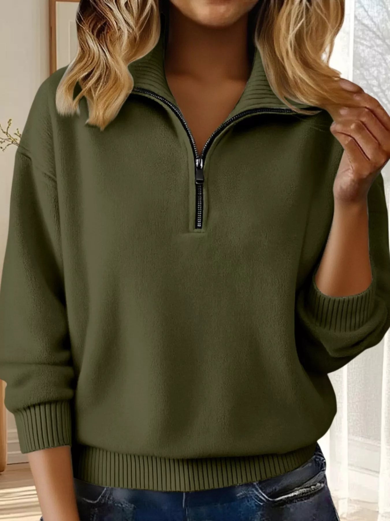 Full Size Half Zip Dropped Shoulder Sweater Plus Size - Crowned Energy CO.
