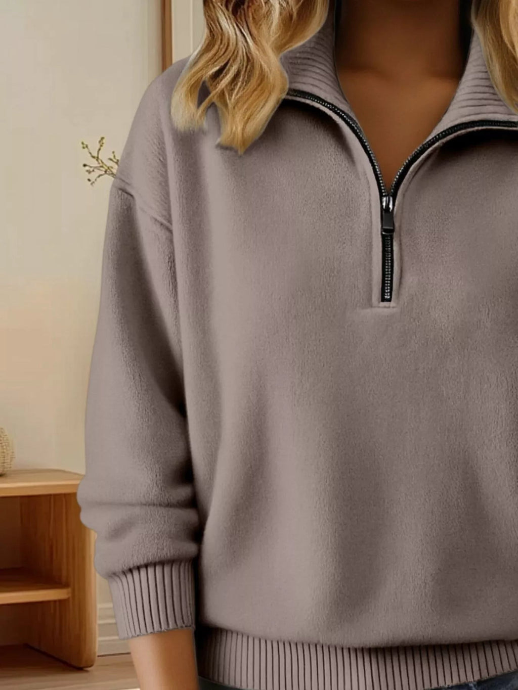 Full Size Half Zip Dropped Shoulder Sweater Plus Size - Crowned Energy CO.