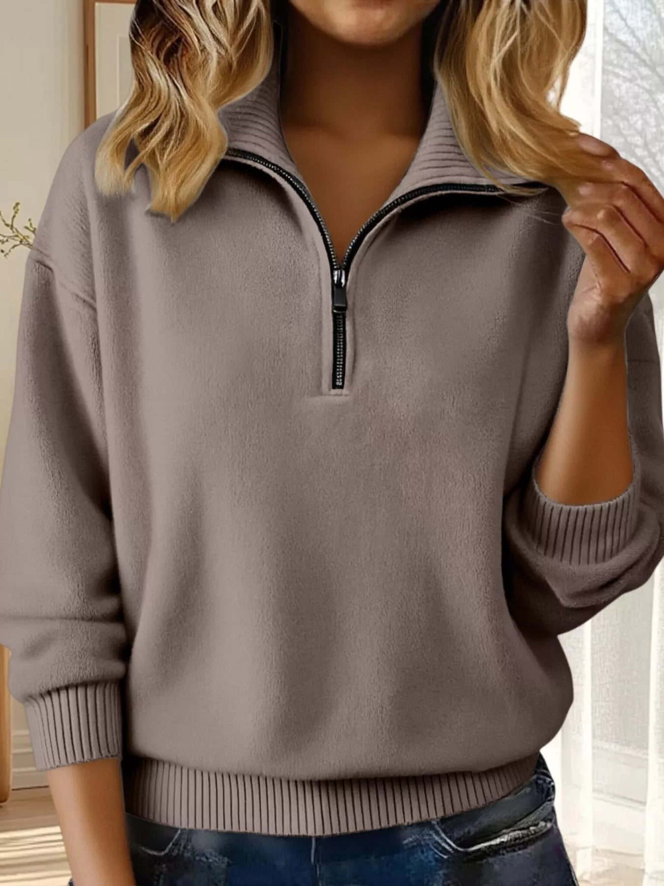 Full Size Half Zip Dropped Shoulder Sweater Plus Size - Crowned Energy CO.