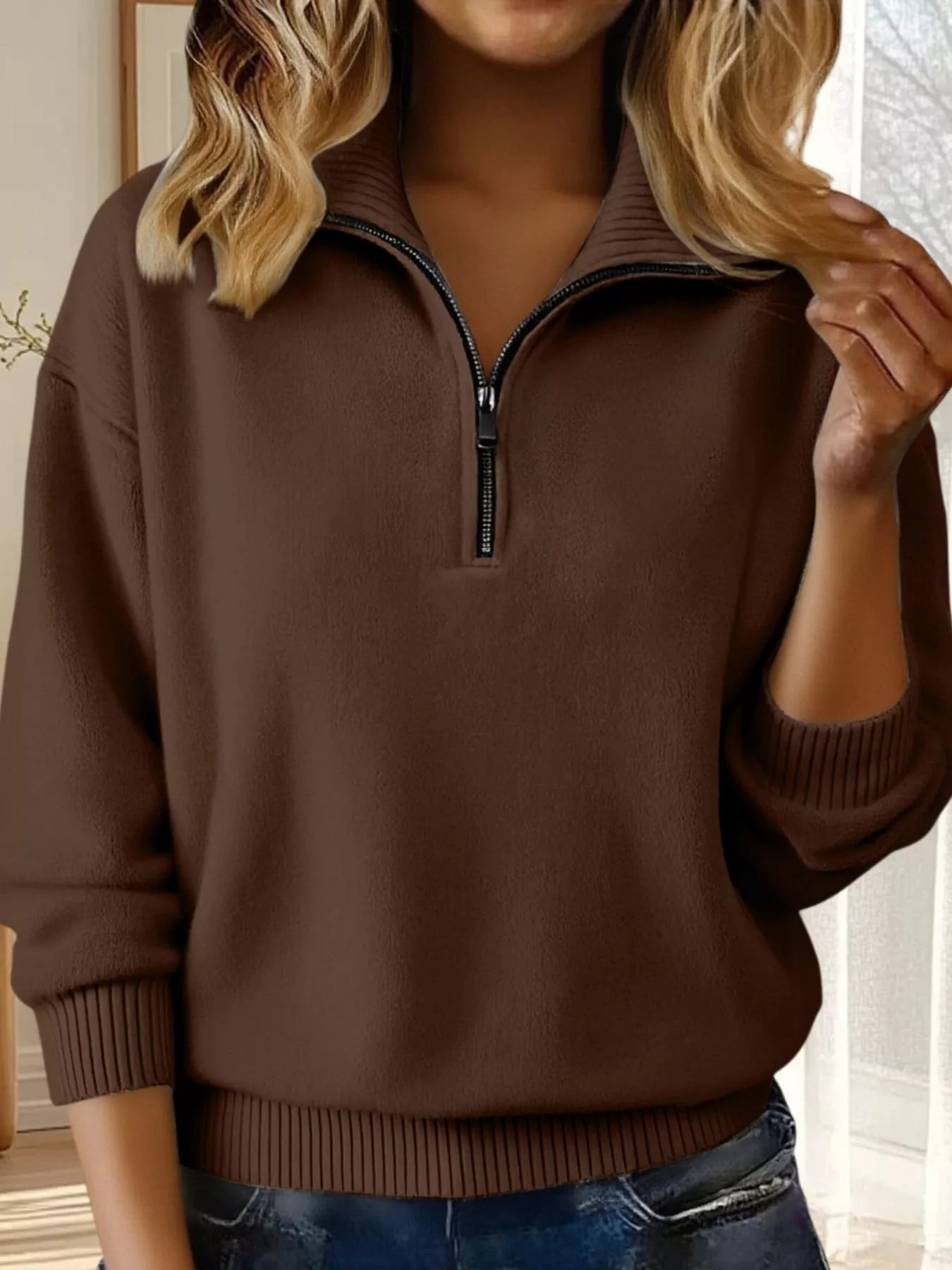 Full Size Half Zip Dropped Shoulder Sweater Plus Size - Crowned Energy CO.
