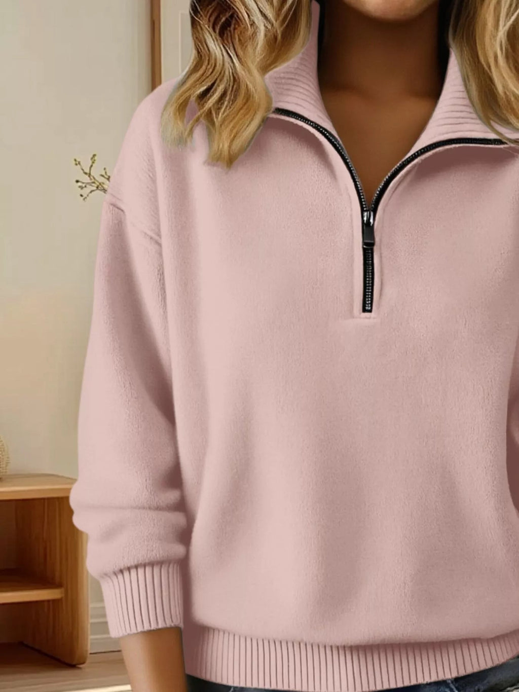Full Size Half Zip Dropped Shoulder Sweater Plus Size - Crowned Energy CO.
