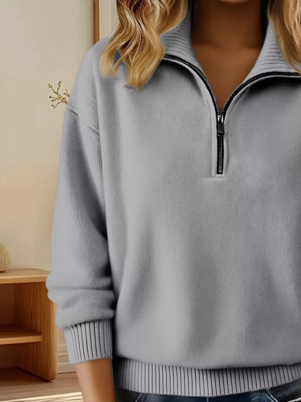 Full Size Half Zip Dropped Shoulder Sweater Plus Size - Crowned Energy CO.