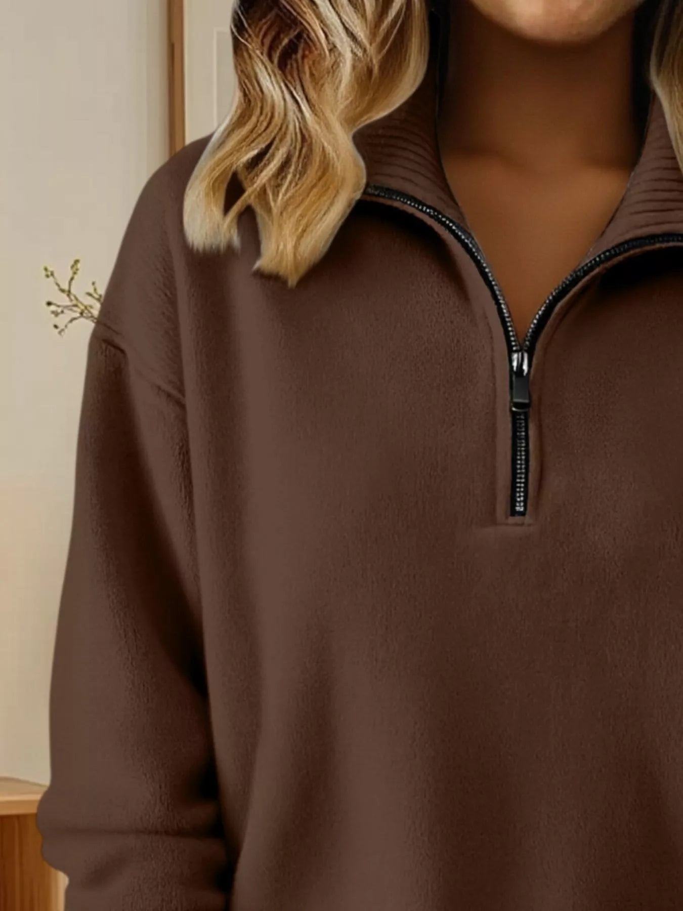 Full Size Half Zip Dropped Shoulder Sweater Plus Size - Crowned Energy CO.