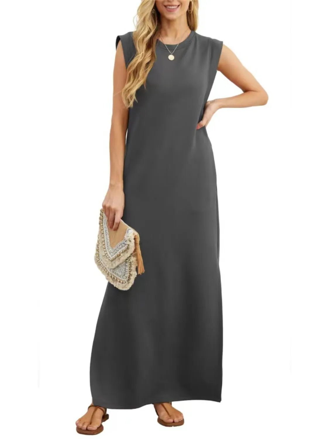 Crowned Energy CO. Black / S Trendsi Dresses Full Size Slit Round Neck Sleeveless Maxi Tank Dress Plus Size