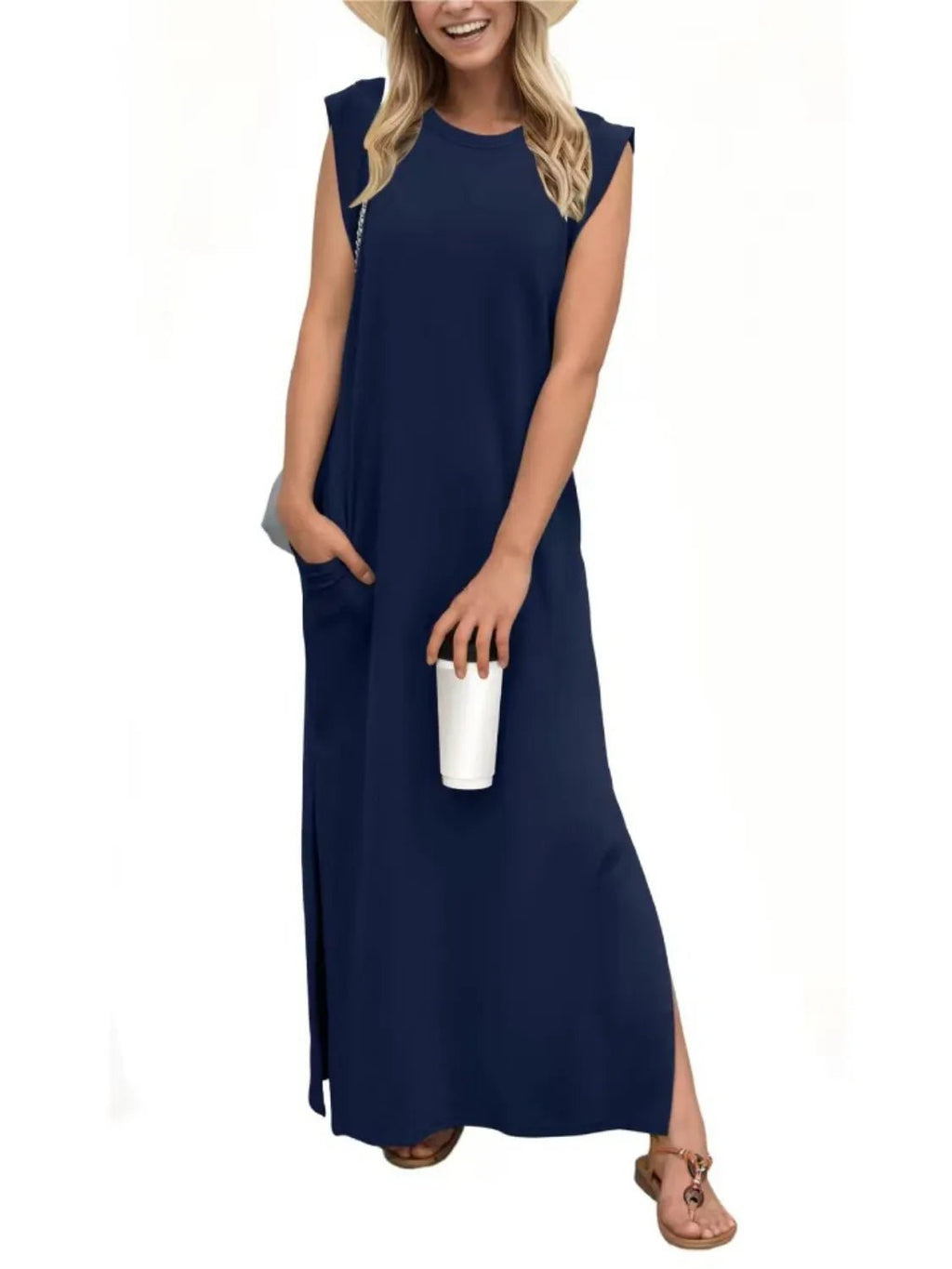 Crowned Energy CO. Black / S Trendsi Dresses Full Size Slit Round Neck Sleeveless Maxi Tank Dress Plus Size