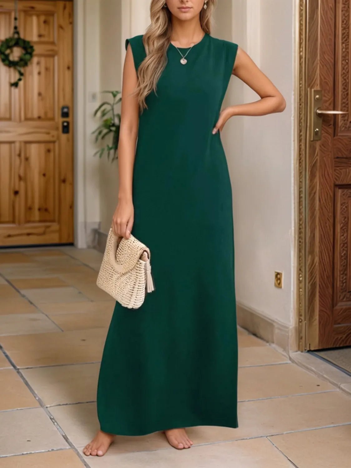 Crowned Energy CO. Dark Green / S Trendsi Dresses Full Size Slit Round Neck Sleeveless Maxi Tank Dress Plus Size