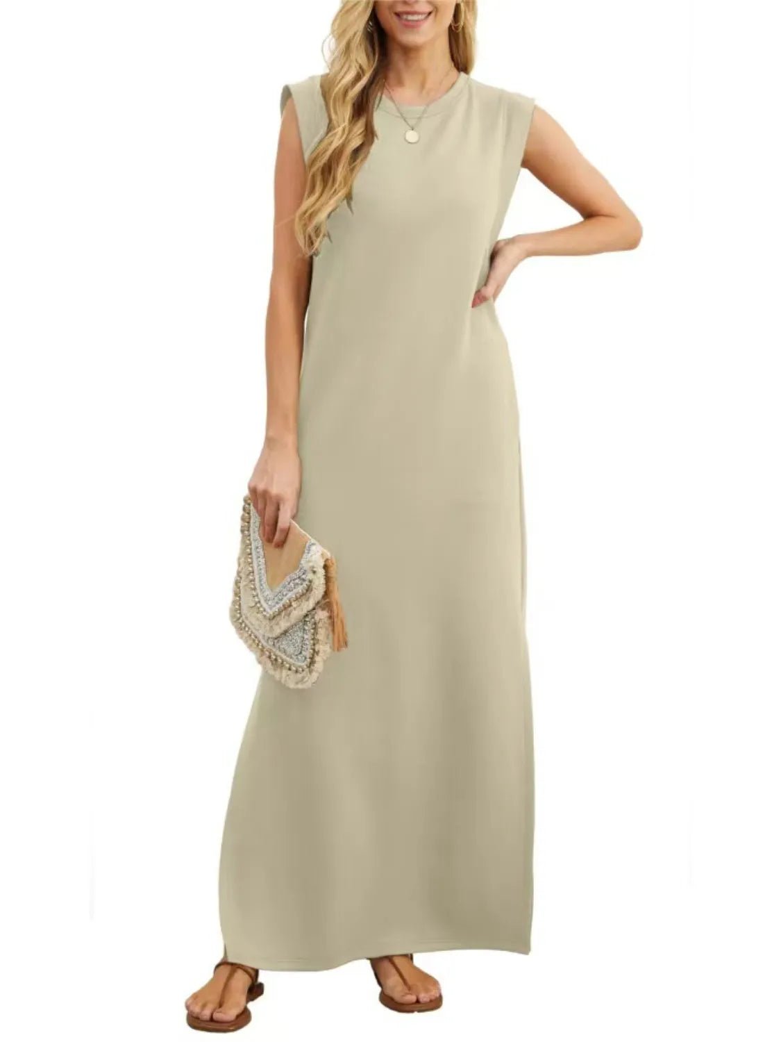 Crowned Energy CO. Black / S Trendsi Dresses Full Size Slit Round Neck Sleeveless Maxi Tank Dress Plus Size