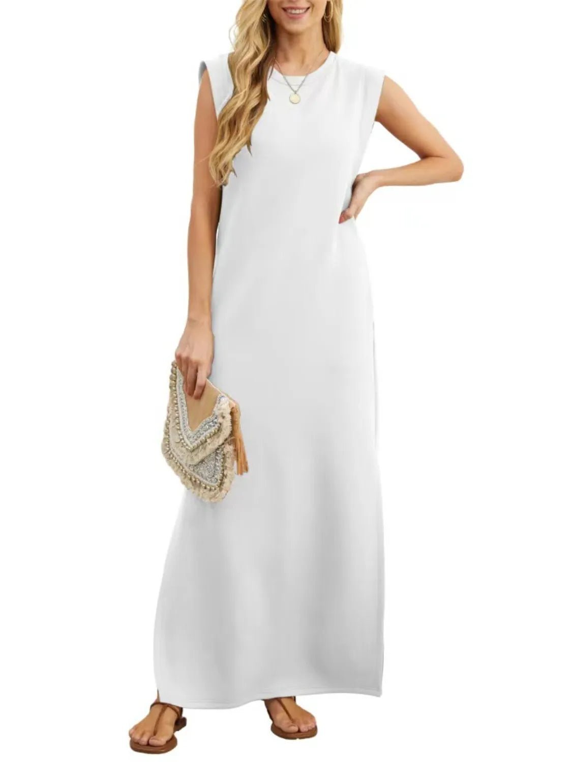 Crowned Energy CO. Black / S Trendsi Dresses Full Size Slit Round Neck Sleeveless Maxi Tank Dress Plus Size