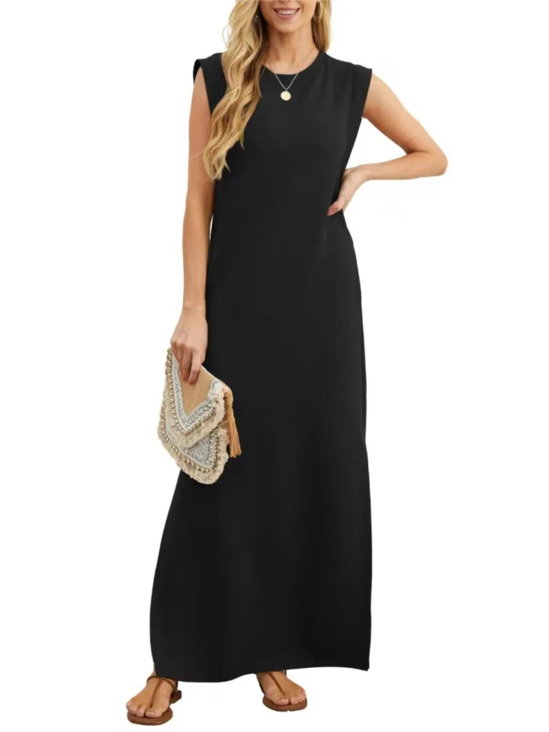 Crowned Energy CO. Black / S Trendsi Dresses Full Size Slit Round Neck Sleeveless Maxi Tank Dress Plus Size