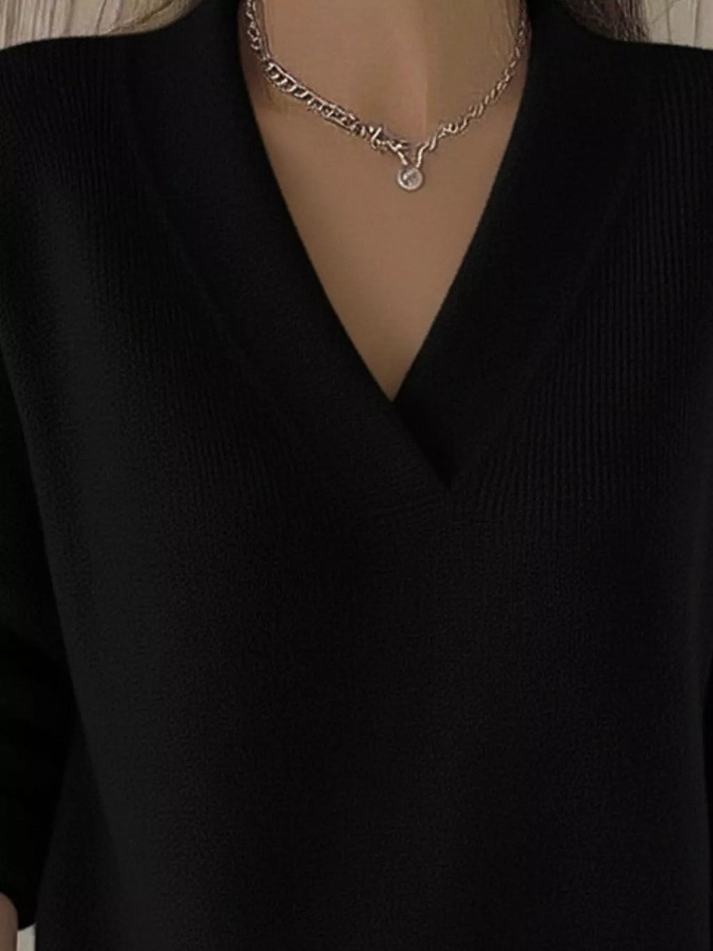 Full Size V - Neck Long Sleeve Sweater Plus Size - Crowned Energy CO.