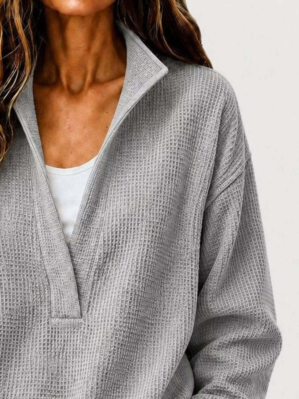 Full Size Waffle Knit Dropped Shoulder Sweatshirt Plus Size - Crowned Energy CO.