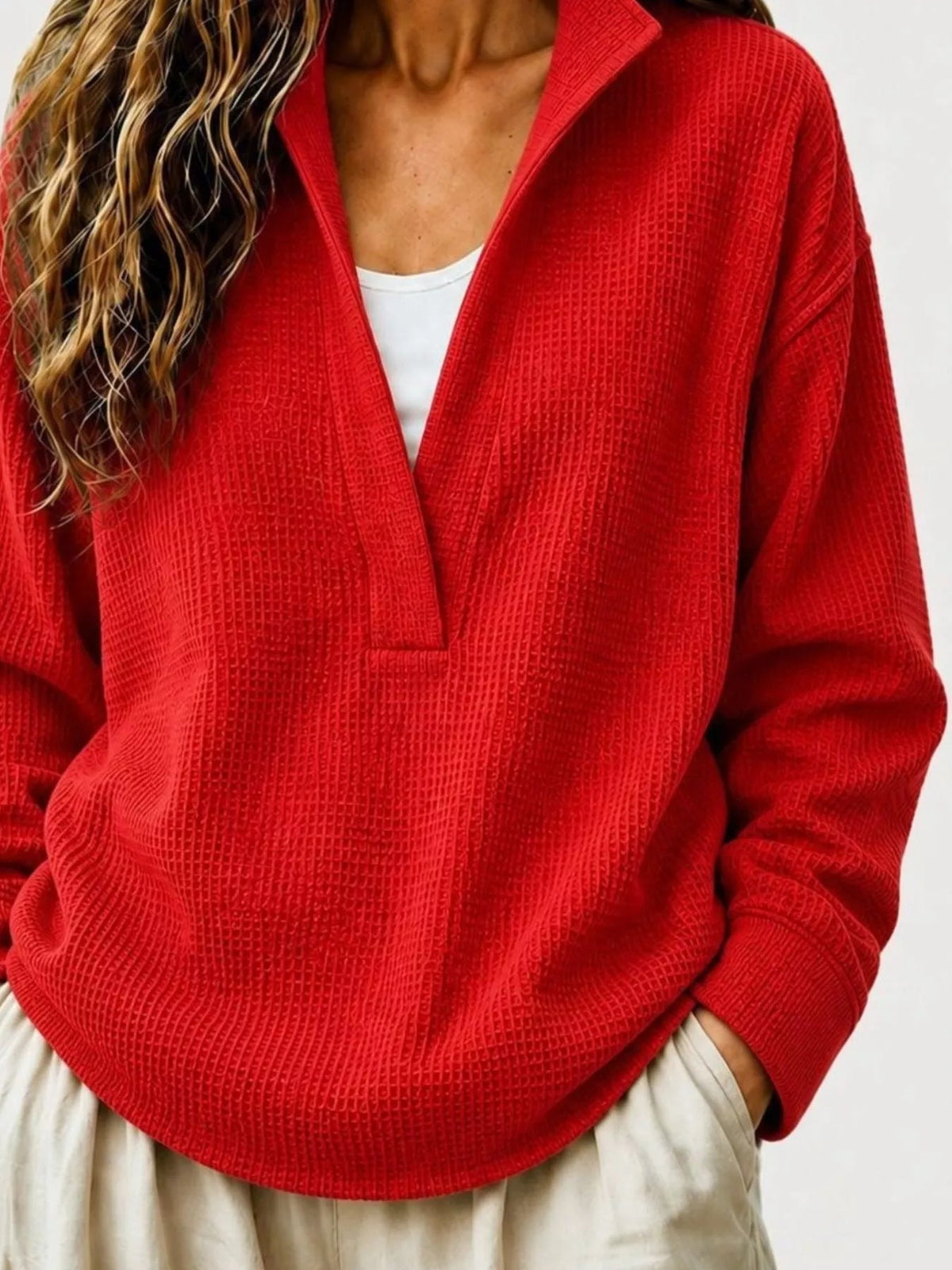 Full Size Waffle Knit Dropped Shoulder Sweatshirt Plus Size - Crowned Energy CO.