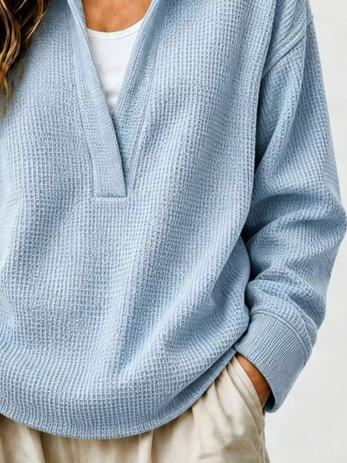 Full Size Waffle Knit Dropped Shoulder Sweatshirt Plus Size - Crowned Energy CO.
