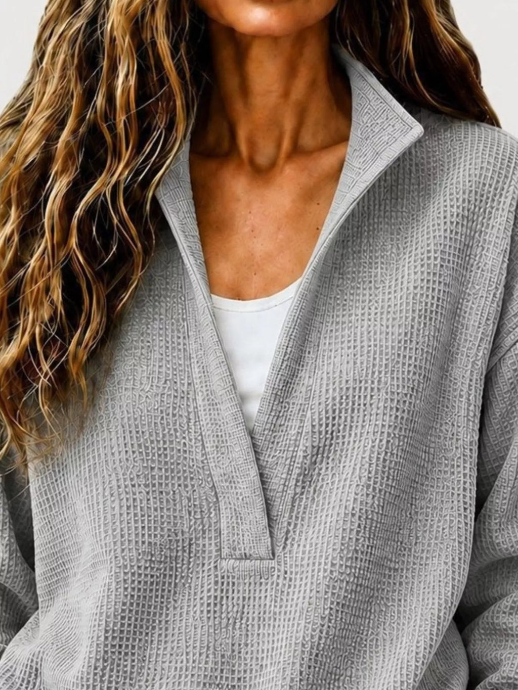 Full Size Waffle Knit Dropped Shoulder Sweatshirt Plus Size - Crowned Energy CO.