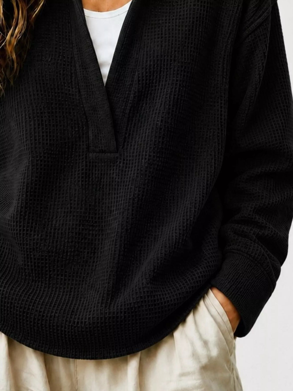 Full Size Waffle Knit Dropped Shoulder Sweatshirt Plus Size - Crowned Energy CO.