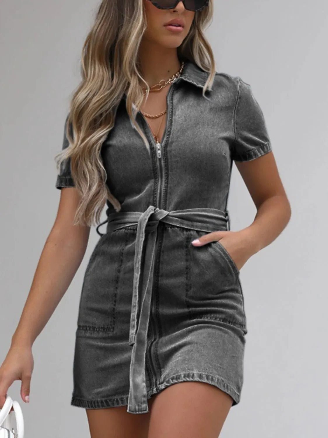Full Size Zip Front Short Sleeve Denim Dress Plus Size - Crowned Energy CO.