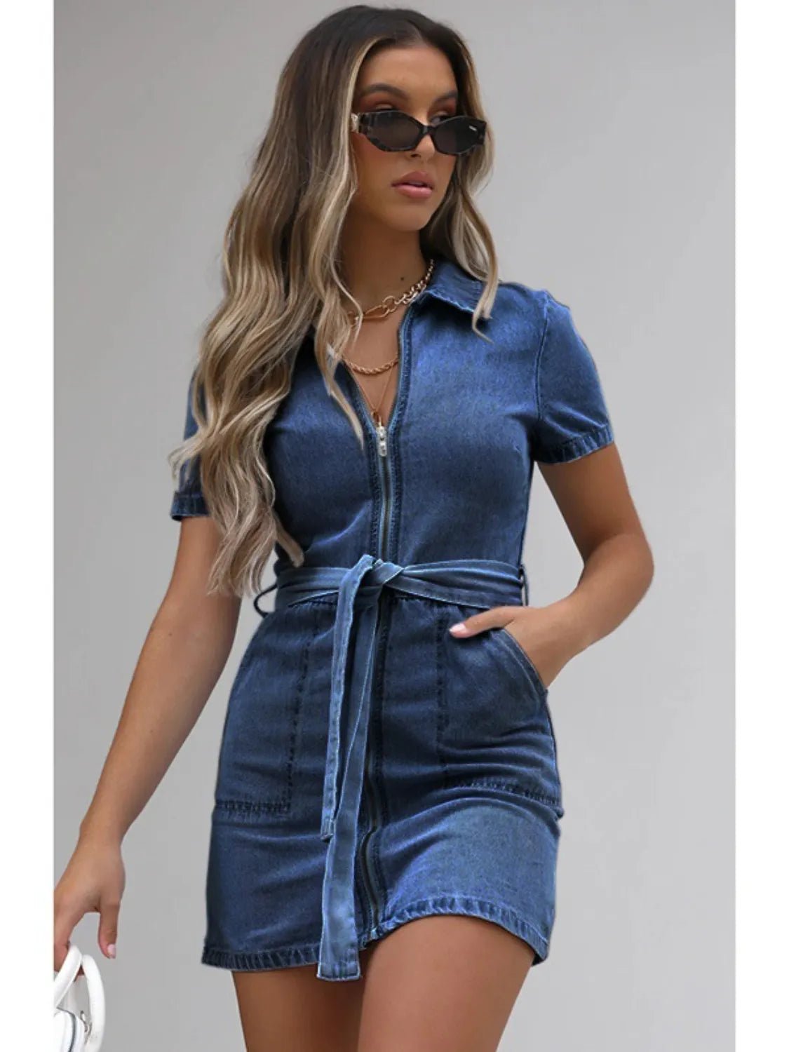 Full Size Zip Front Short Sleeve Denim Dress Plus Size - Crowned Energy CO.