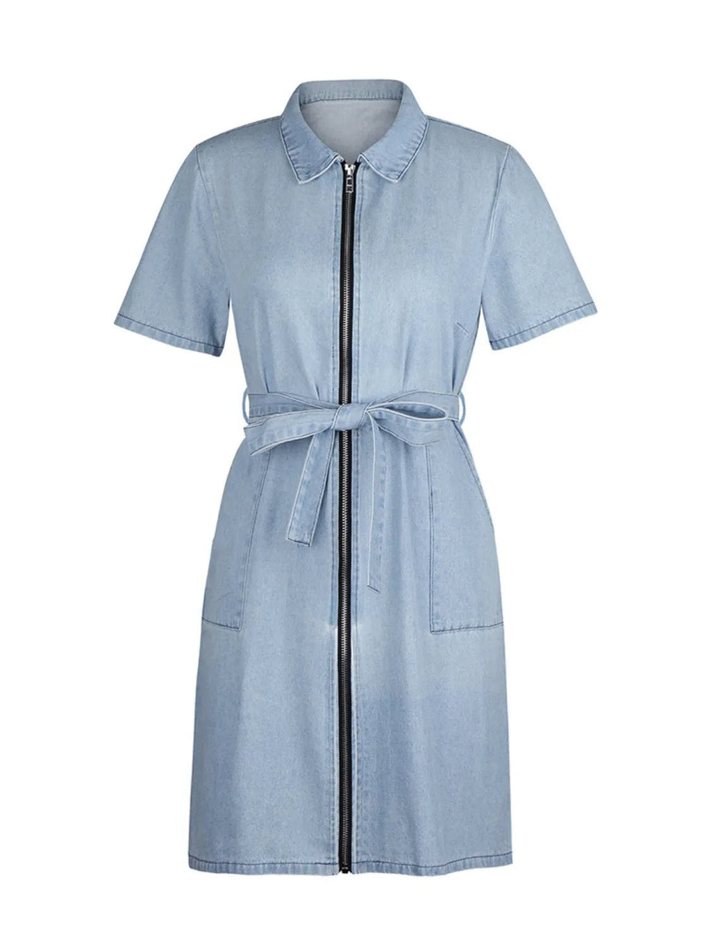 Full Size Zip Front Short Sleeve Denim Dress Plus Size - Crowned Energy CO.