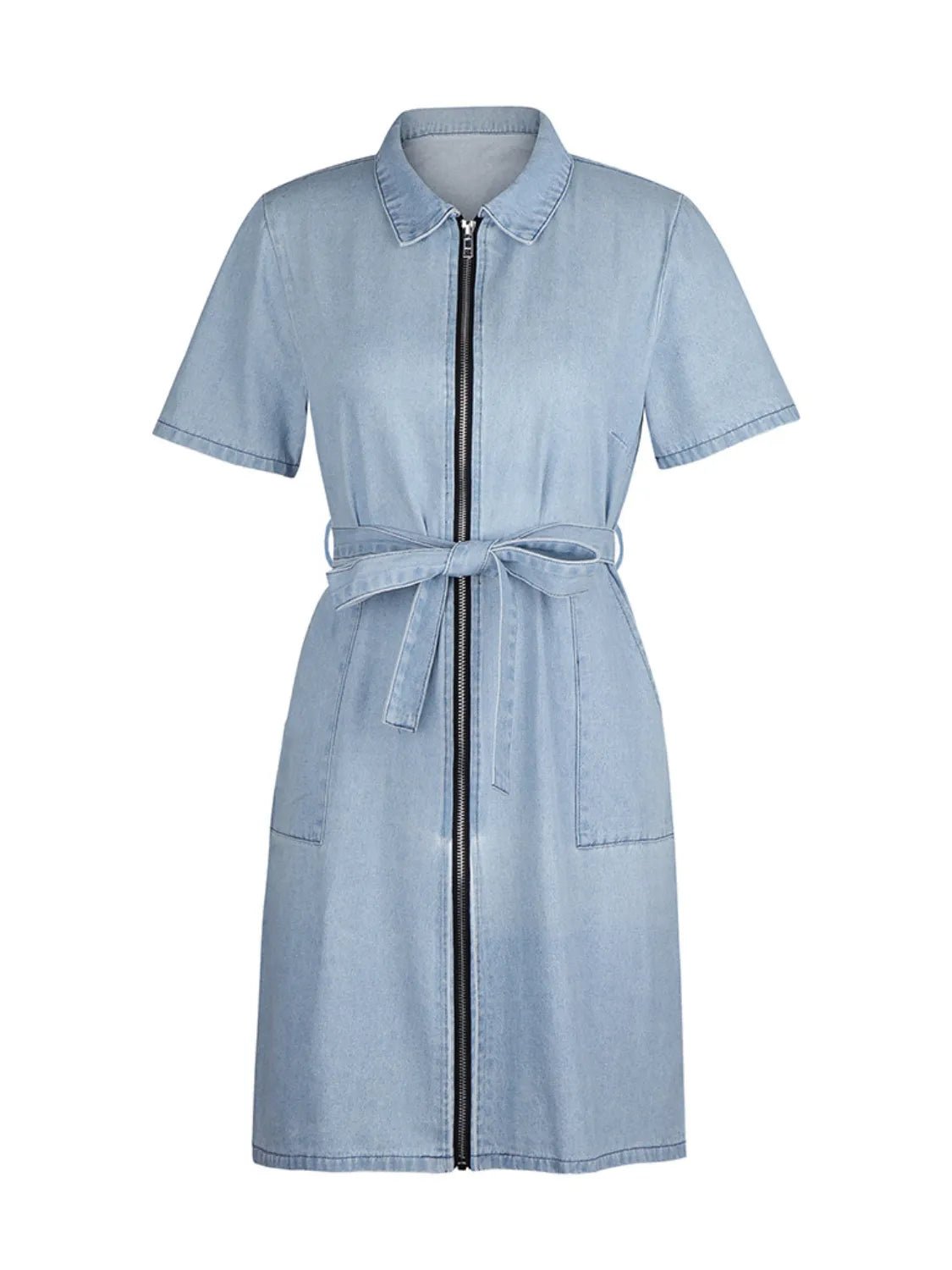 Full Size Zip Front Short Sleeve Denim Dress Plus Size - Crowned Energy CO.