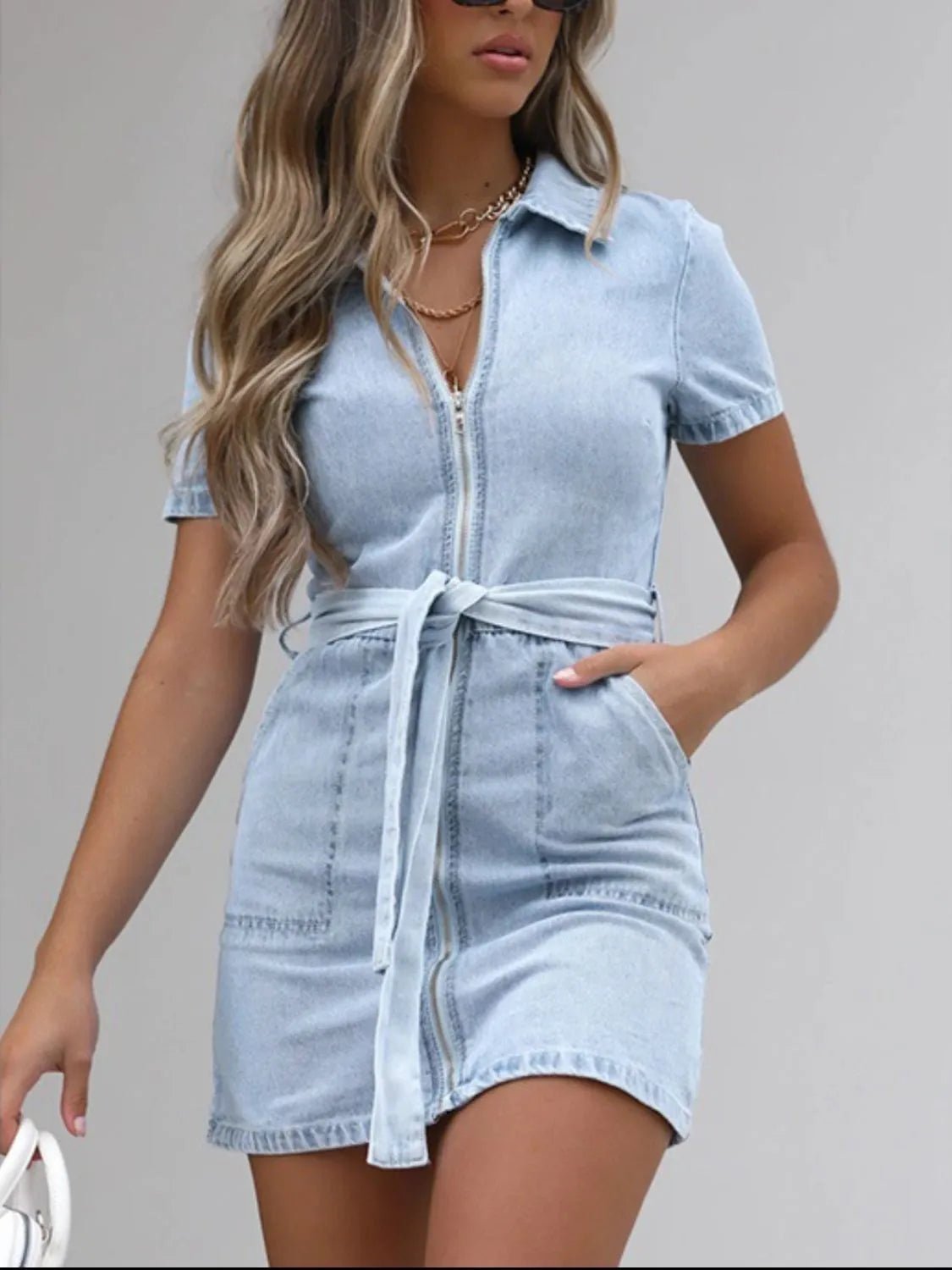 Full Size Zip Front Short Sleeve Denim Dress Plus Size - Crowned Energy CO.
